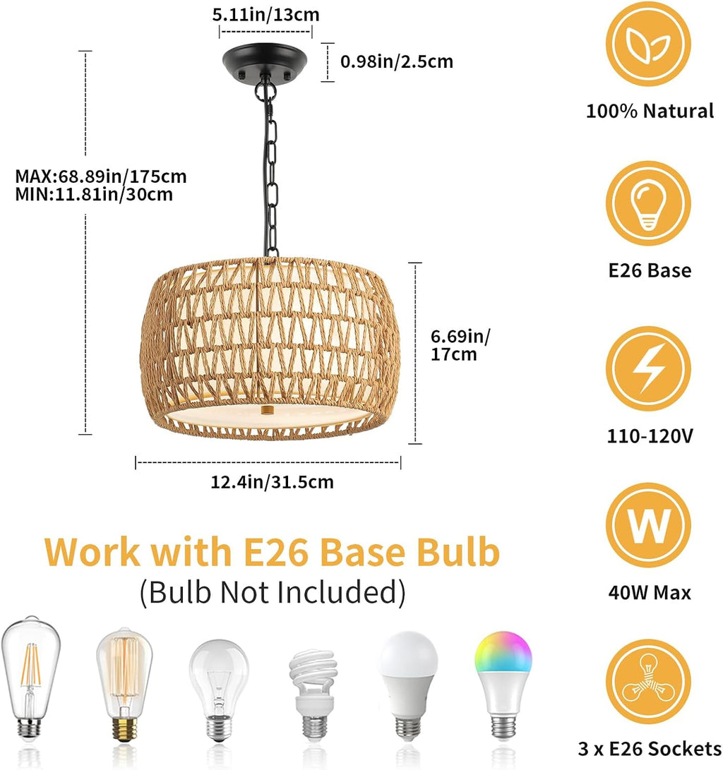 3-Light Drum Rattan Boho Pendant Light
