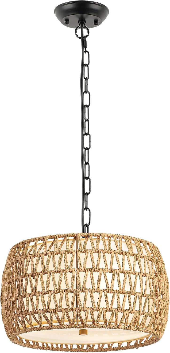 3-Light Drum Rattan Boho Pendant Light