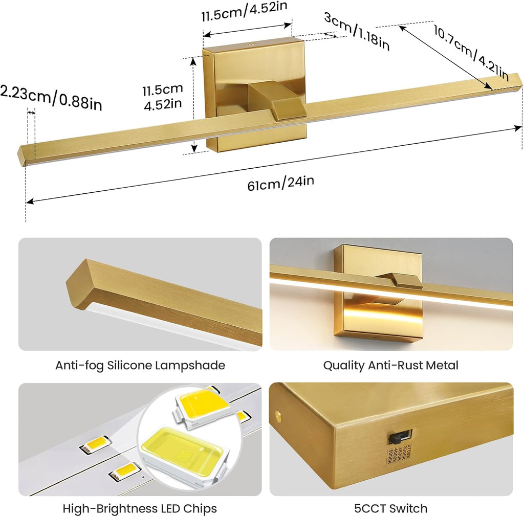 24" Brushed Gold 5CCT Dimmable LED Vanity Light