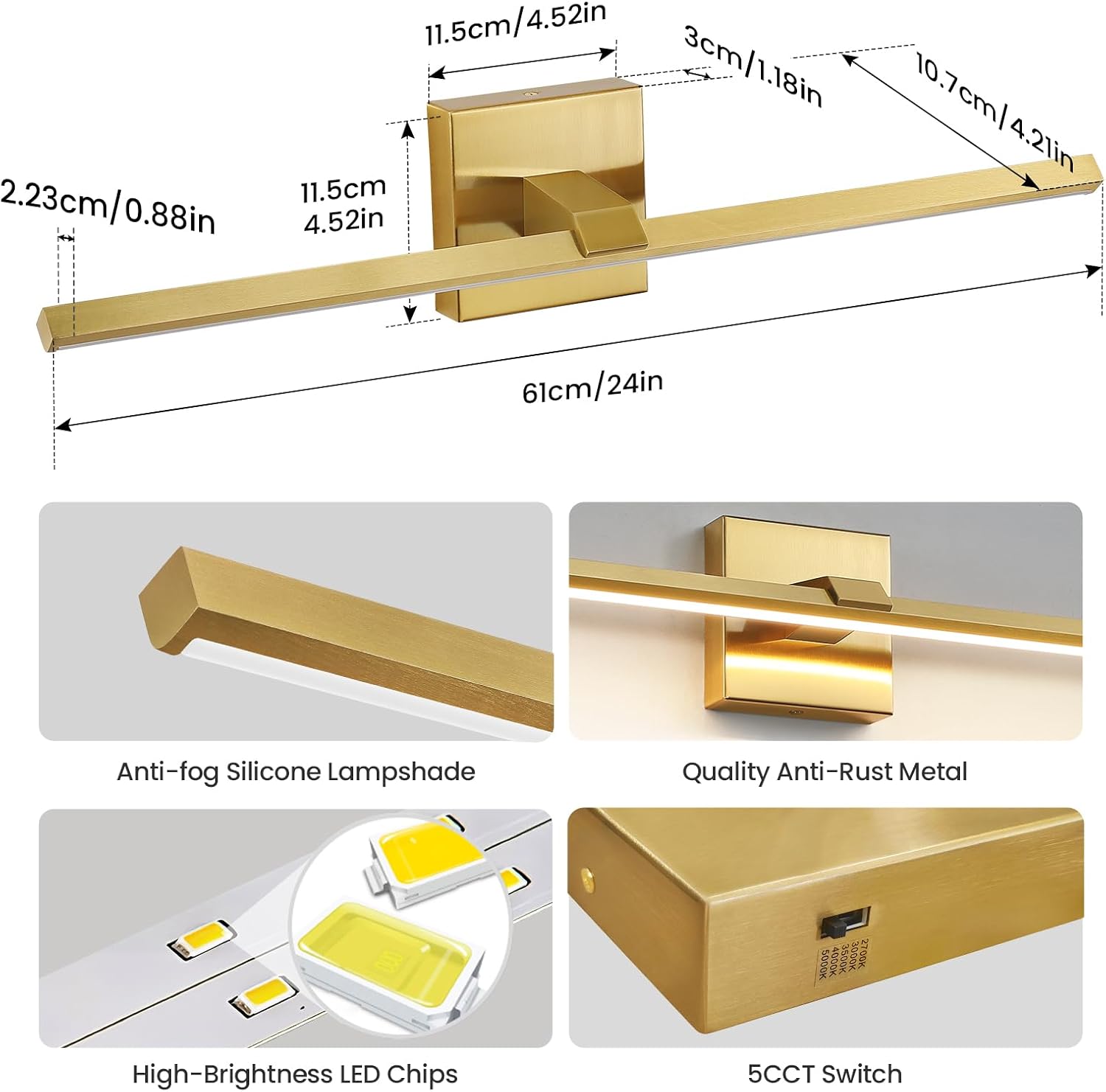 24" Brushed Gold 5CCT Dimmable LED Vanity Light