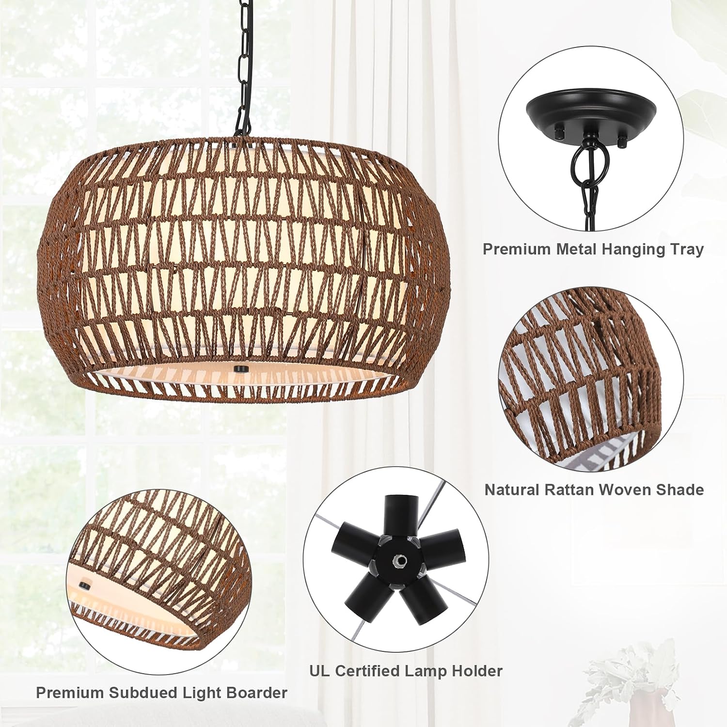 Dark Brown 5-Light Fabric Rattan Farmhouse Chandelier