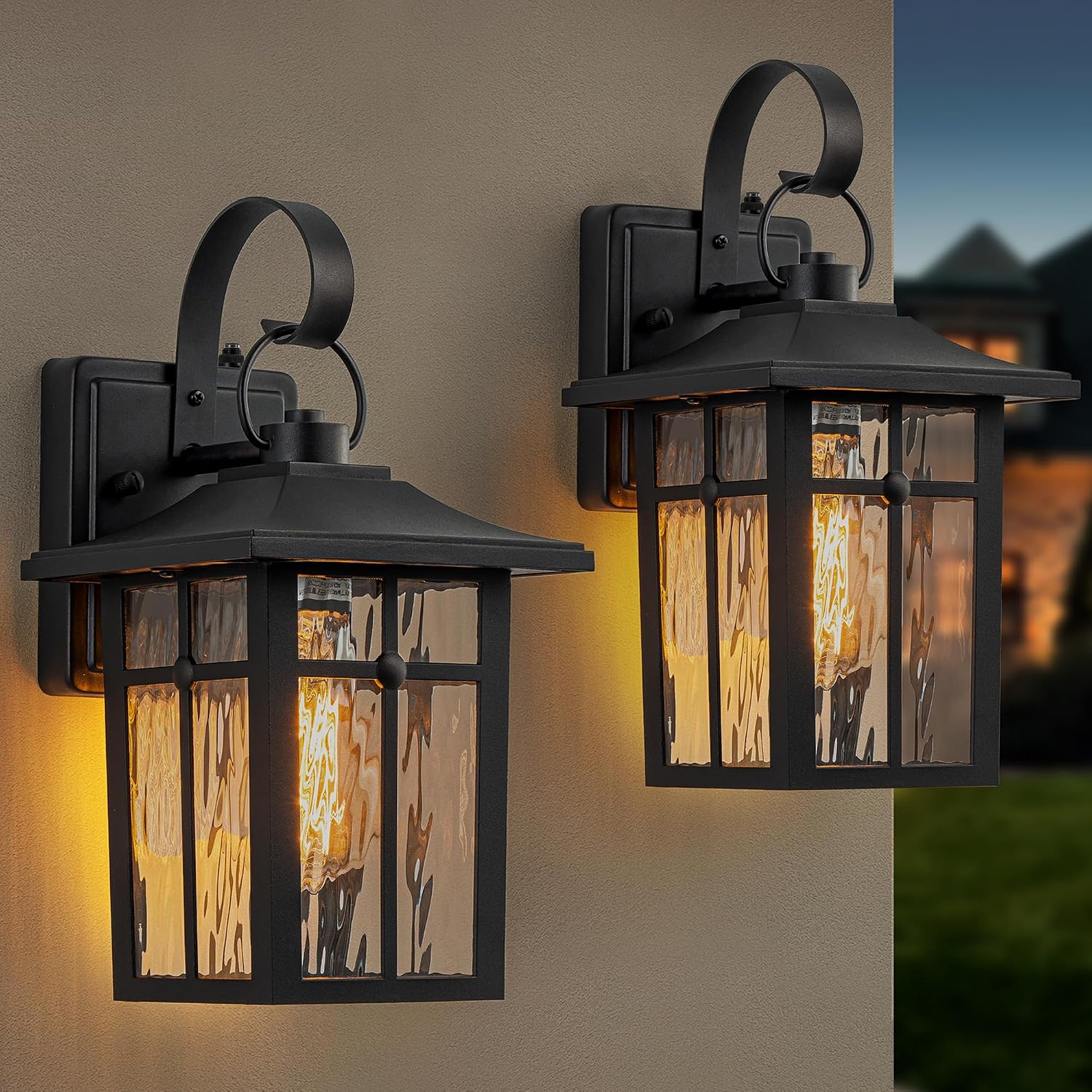 2 Pack Black Ripple Glass Outdoor Wall Lights