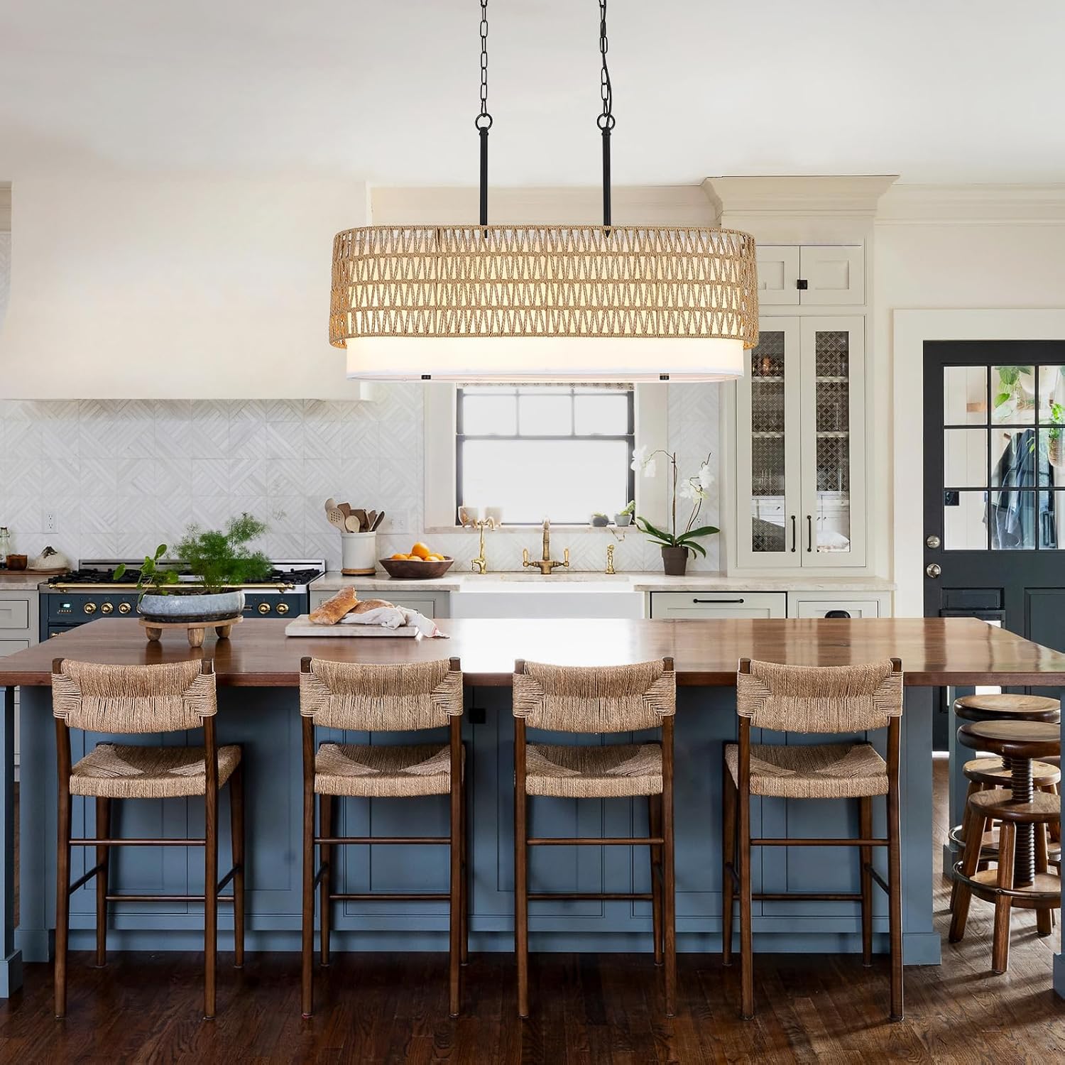 31.5" Linear Fabric Rattan 5-Light Farmhouse Chandelier