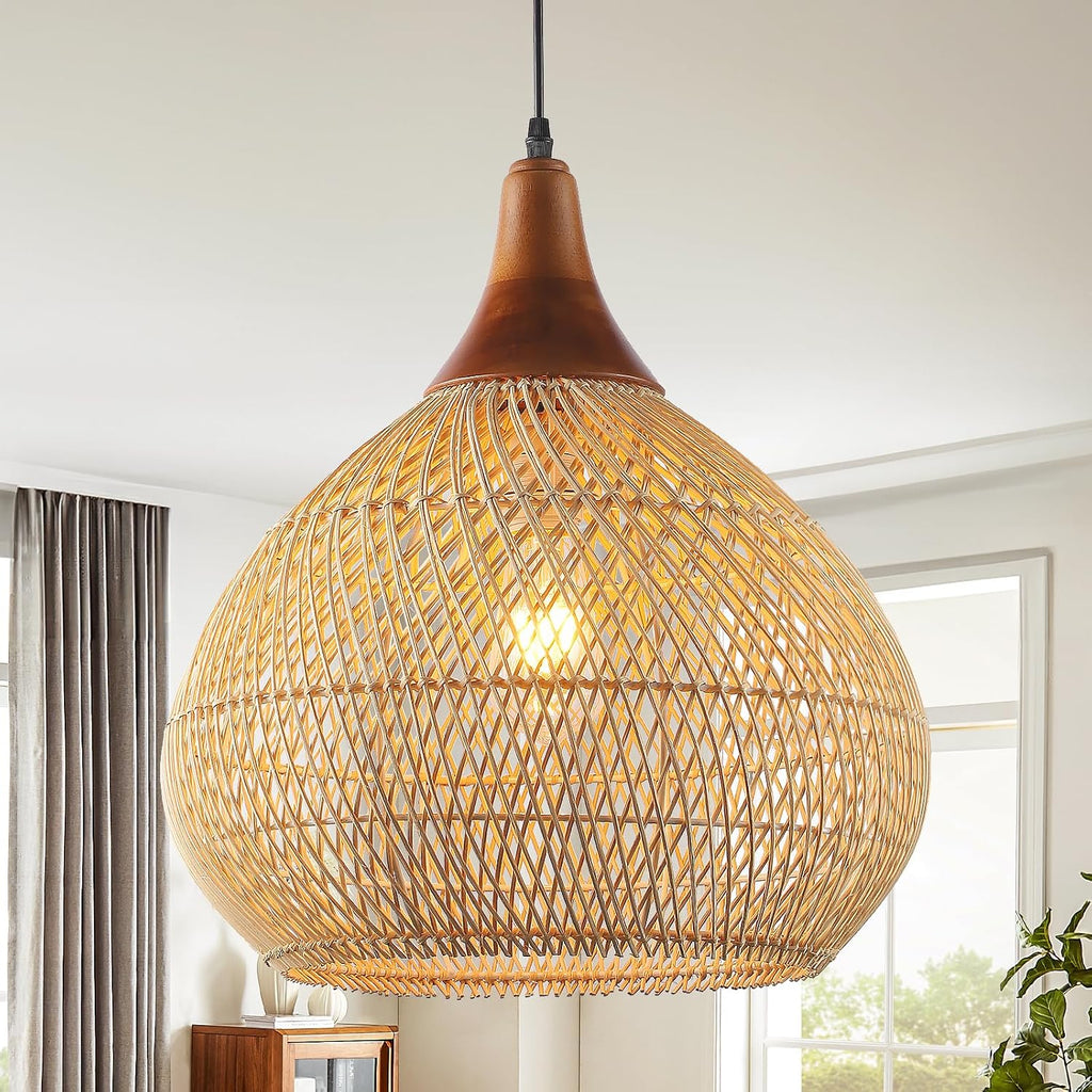 Wood Basket Woven Rattan Pendant Light
