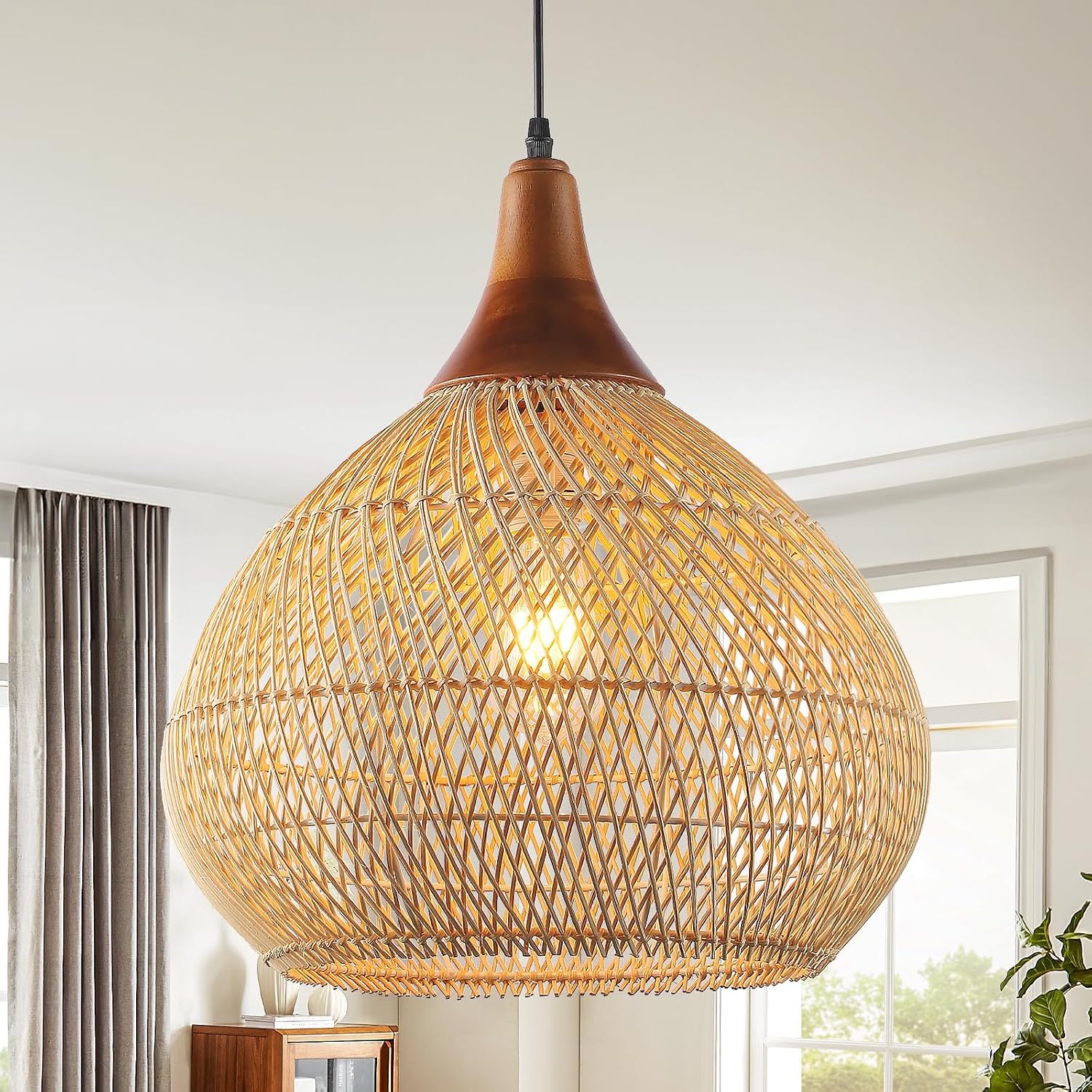 Wood Basket Woven Rattan Pendant Light