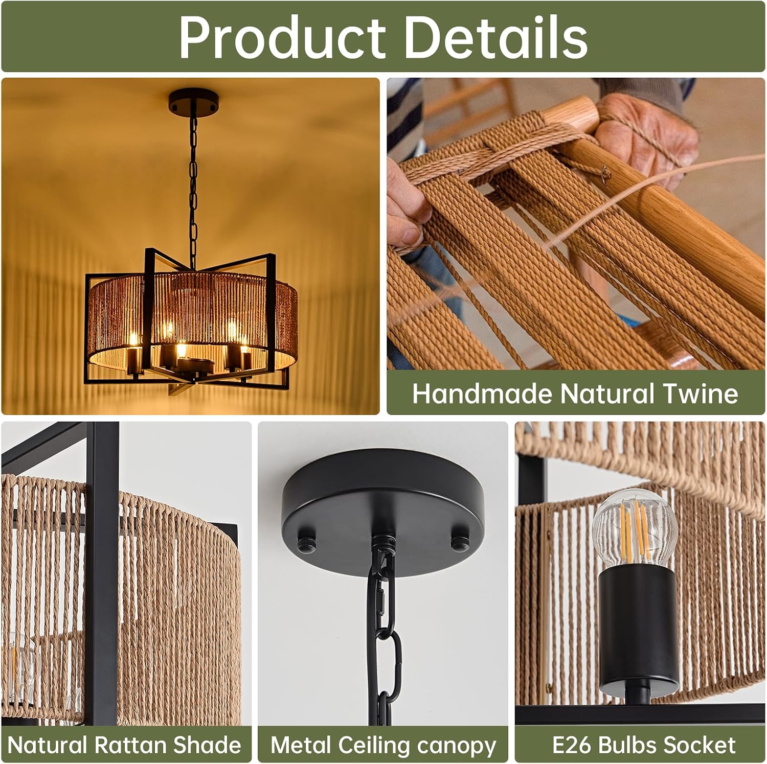 Black 5-Light Rattan Farmhouse Chandelier