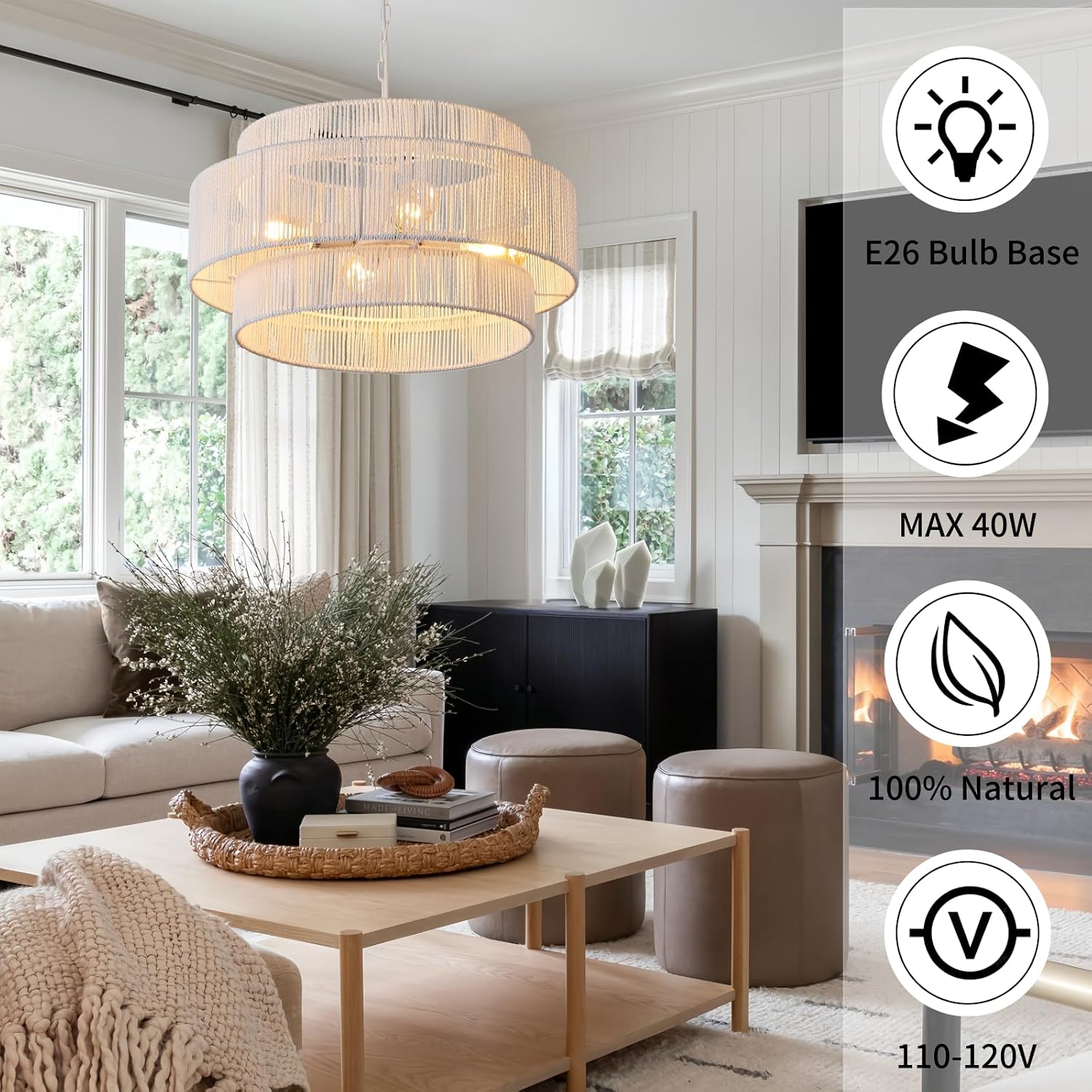 3-Tier White Rattan Coastal Pendant Light