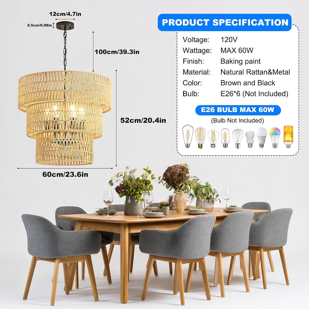 3-Tier Rattan Boho Farmhouse Chandelier