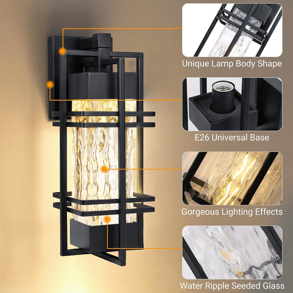 2 Pack Black Water Ripple Outdoor Wall Sconce