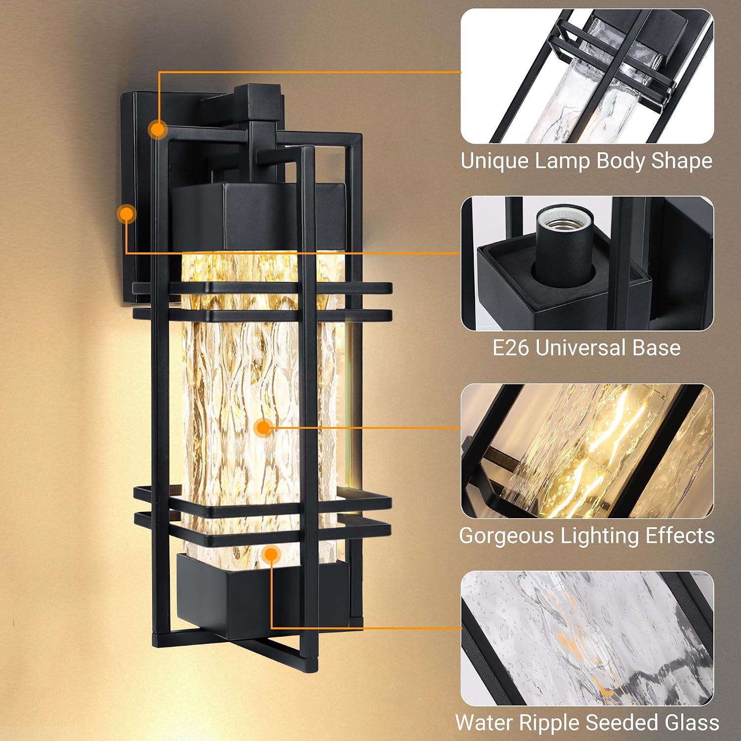 2 Pack Black Water Ripple Outdoor Wall Sconce