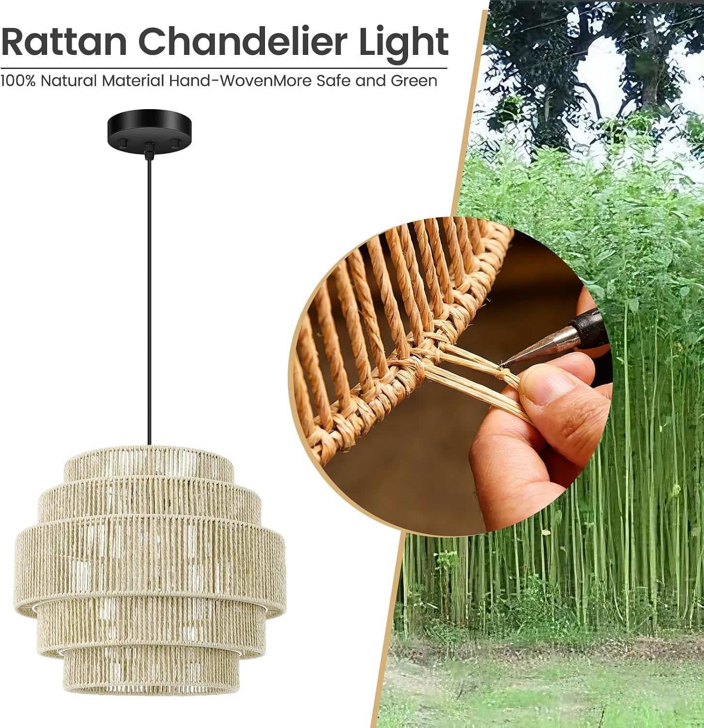 Beige 5-Tier Woven Rattan Boho Pendant Light