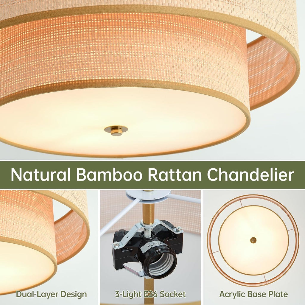 3-Light Brass Rattan Flush Mount Boho Light