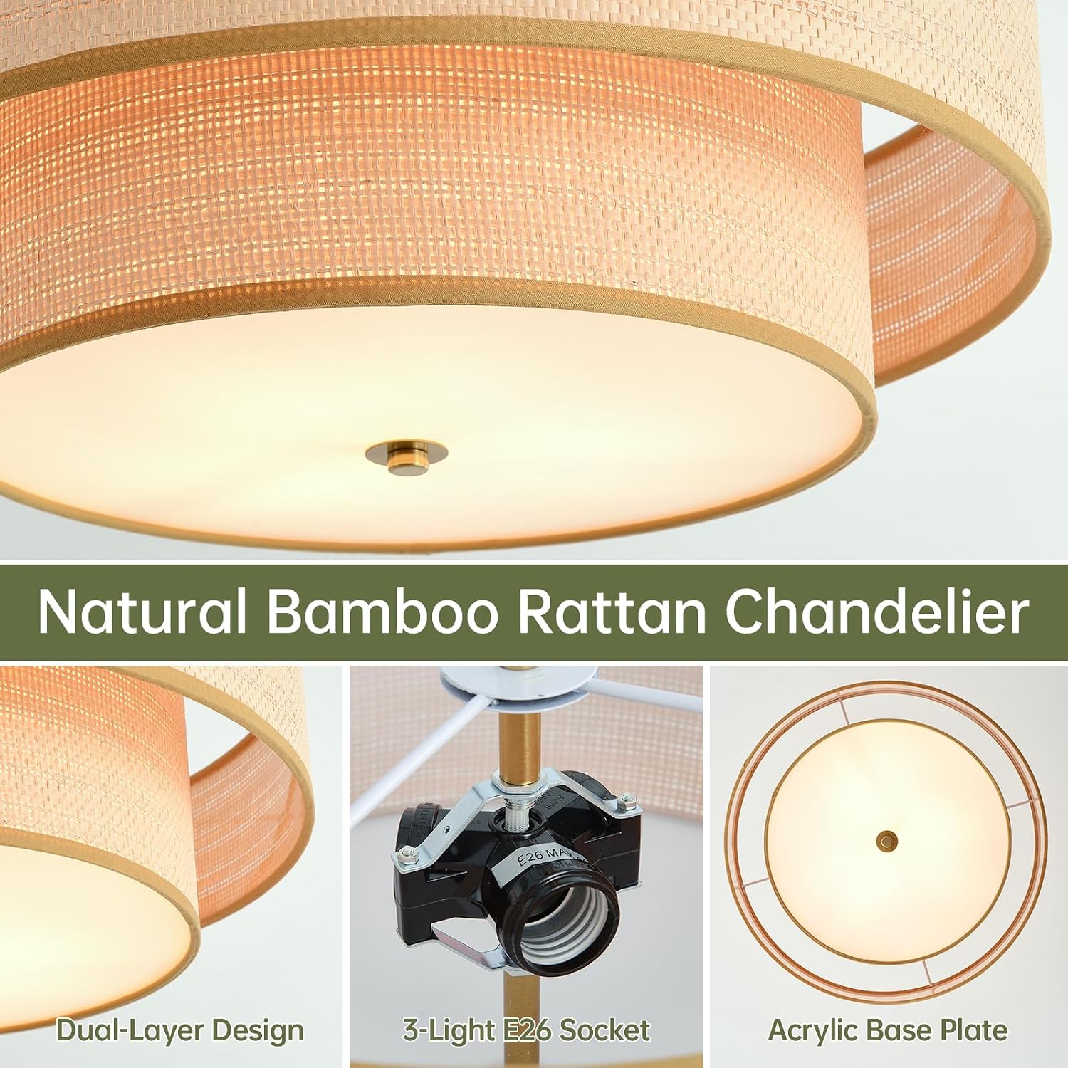 3-Light Brass Rattan Flush Mount Boho Light
