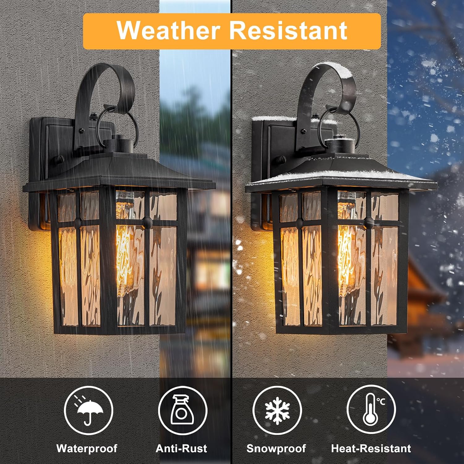 2 Pack Black Ripple Glass Outdoor Wall Lights