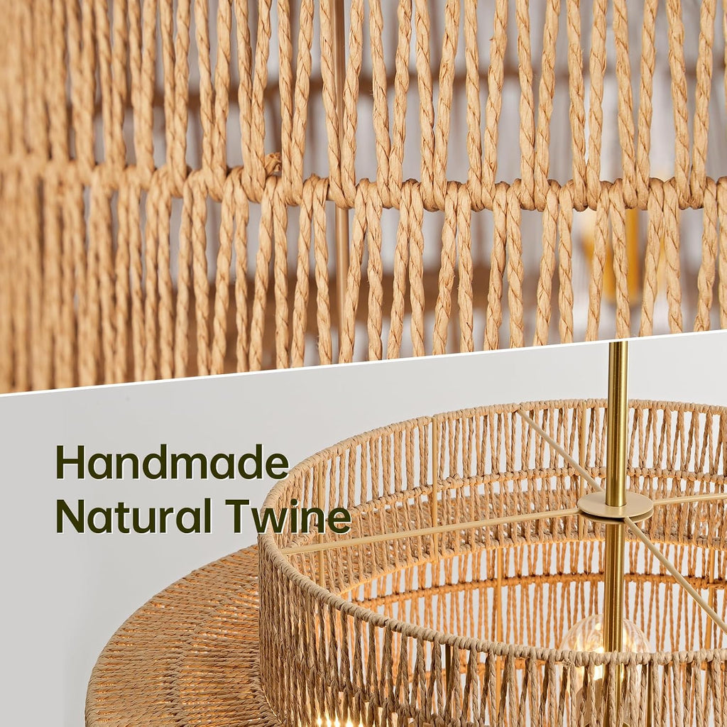 6-Light Large Woven Rattan Boho Farmhouse Chandelier