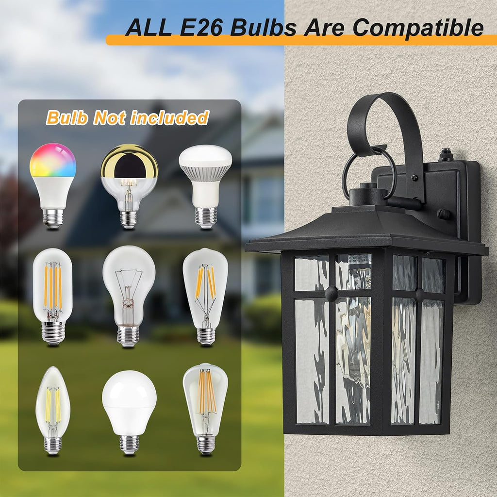 2 Pack Black Ripple Glass Outdoor Wall Lights