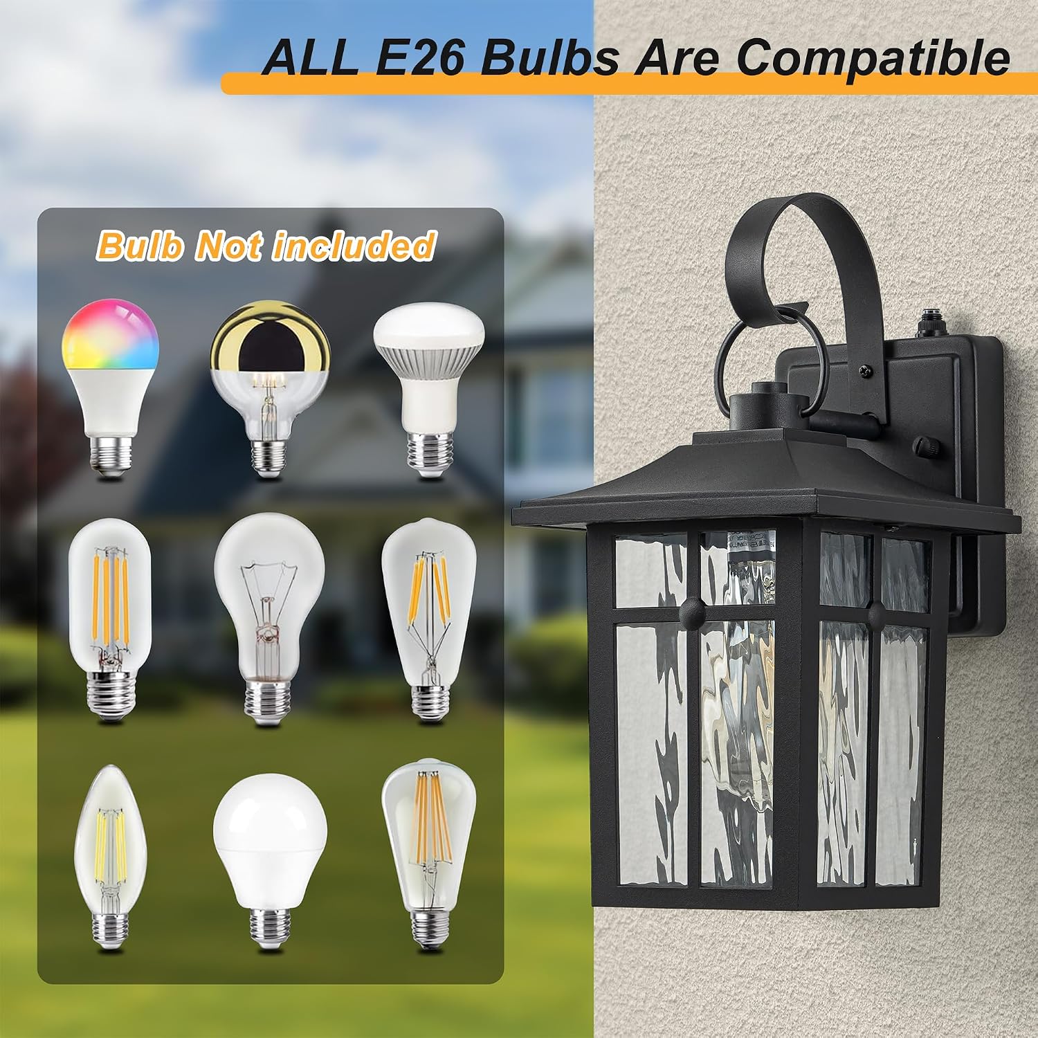 2 Pack Black Ripple Glass Outdoor Wall Lights
