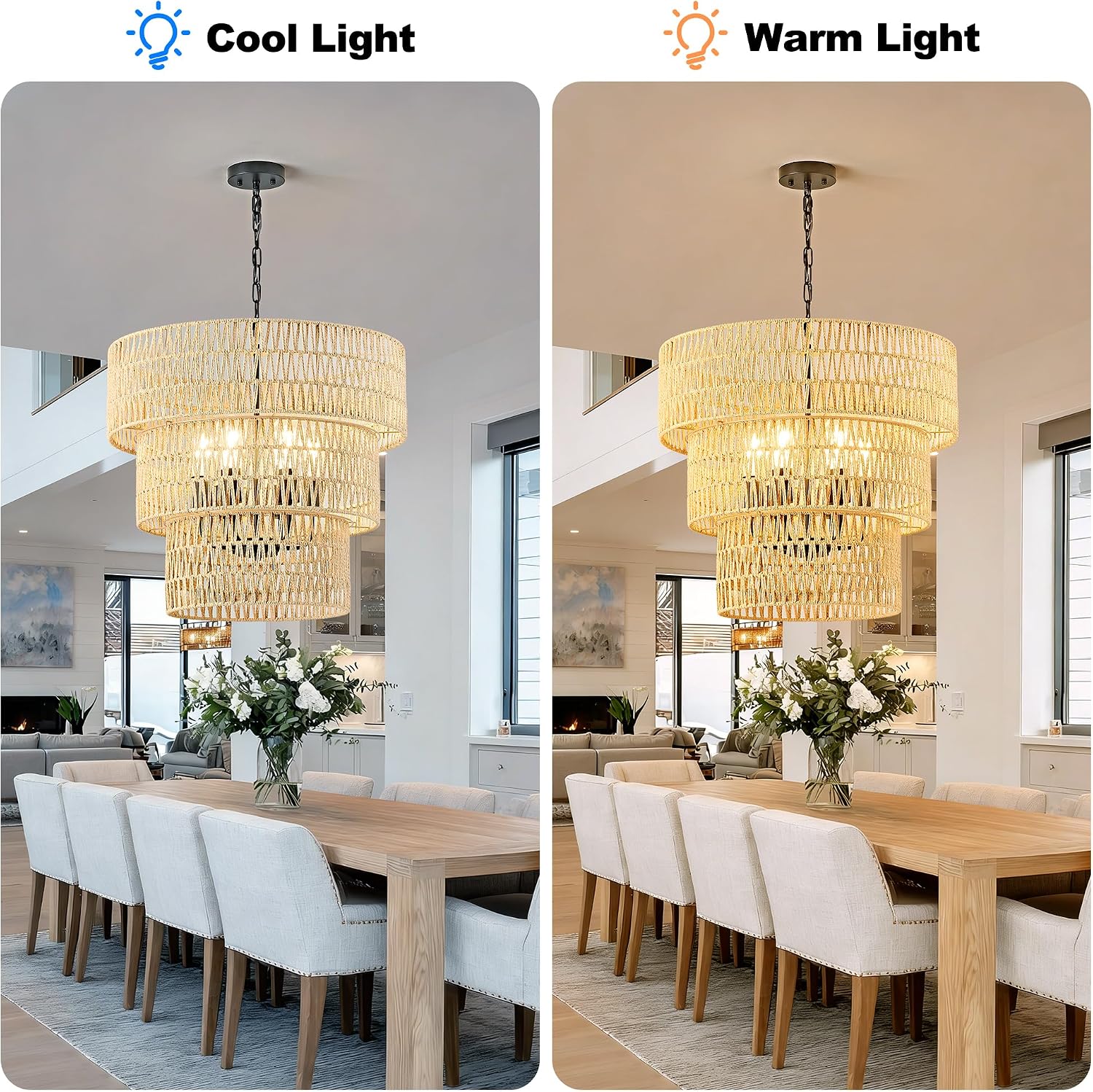 3-Tier Rattan Boho Farmhouse Chandelier
