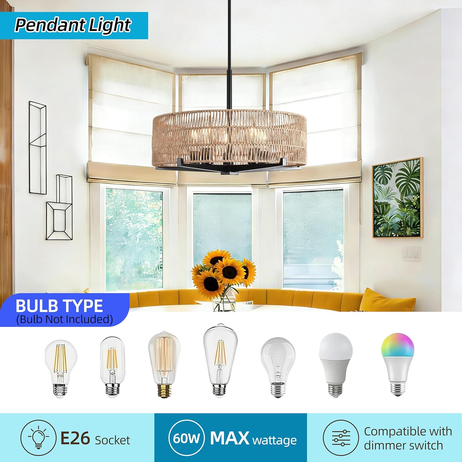 5-Light Natural Rattan Boho Farmhouse Chandelier
