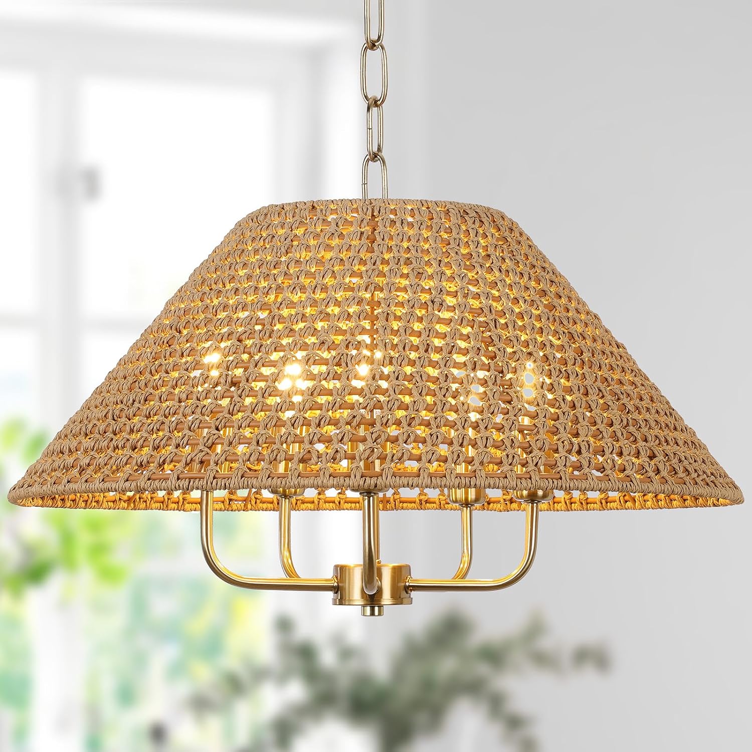5-Light Cone Wicker Rattan Farmhouse Chandelier