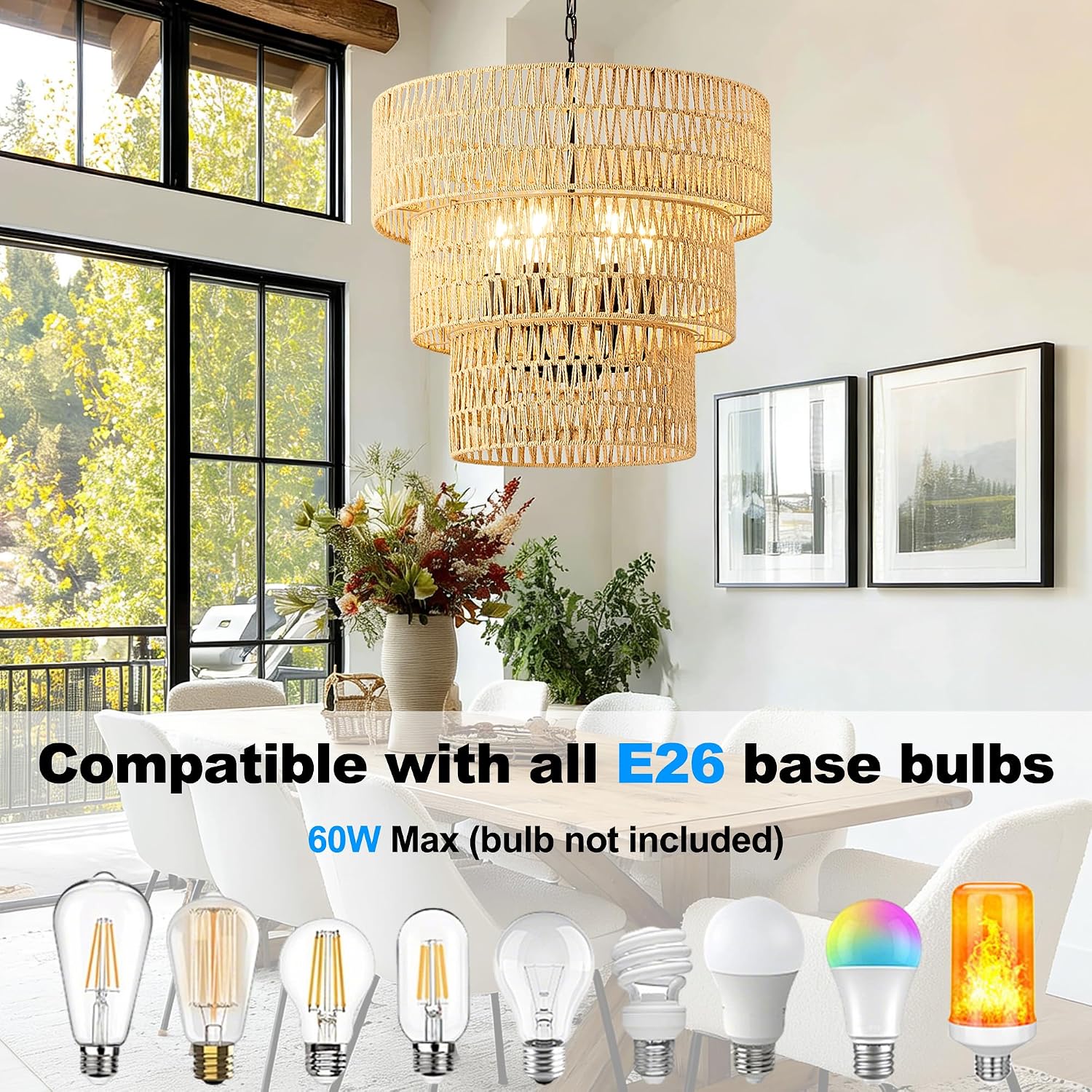 3-Tier Rattan Boho Farmhouse Chandelier