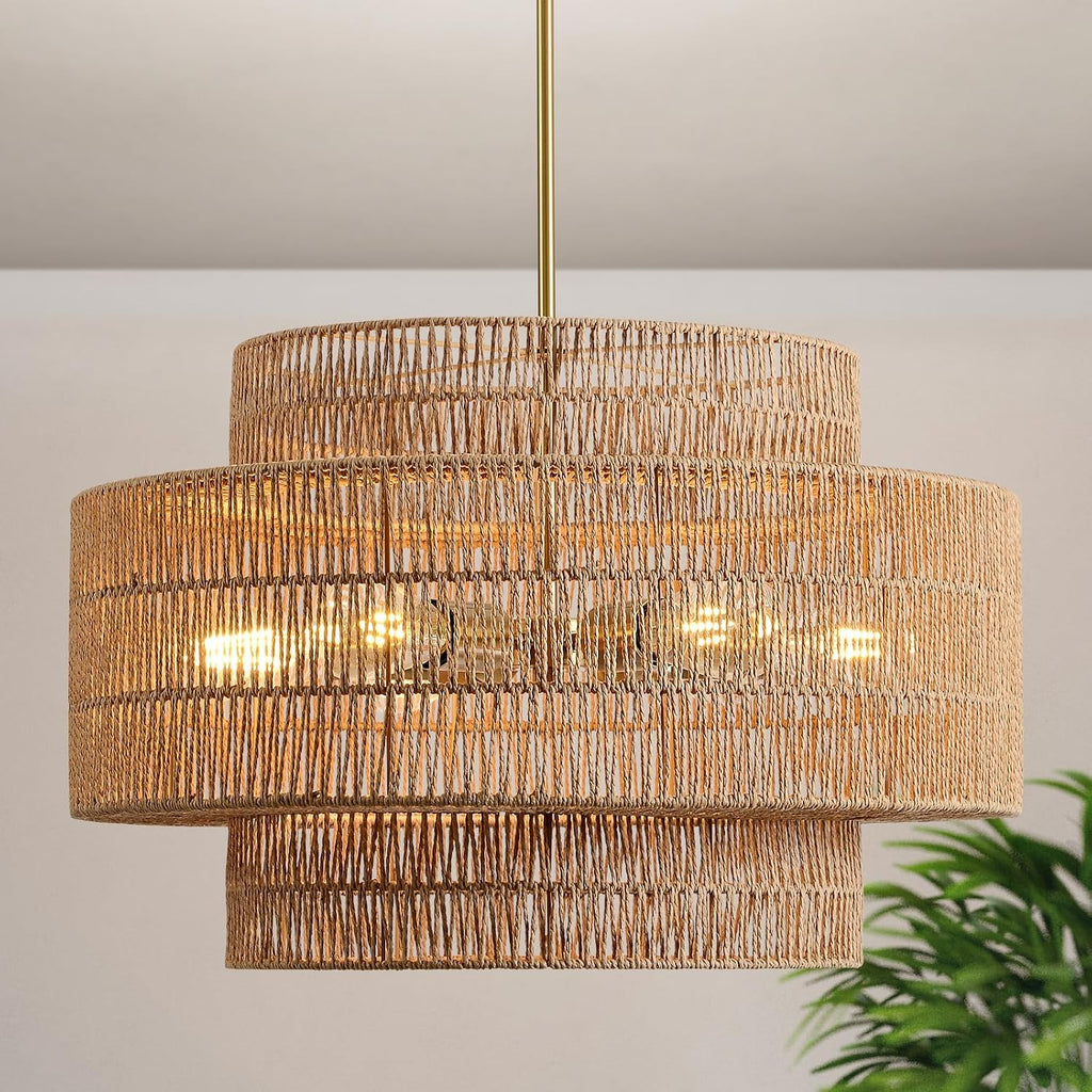6-Light Large Woven Rattan Boho Farmhouse Chandelier