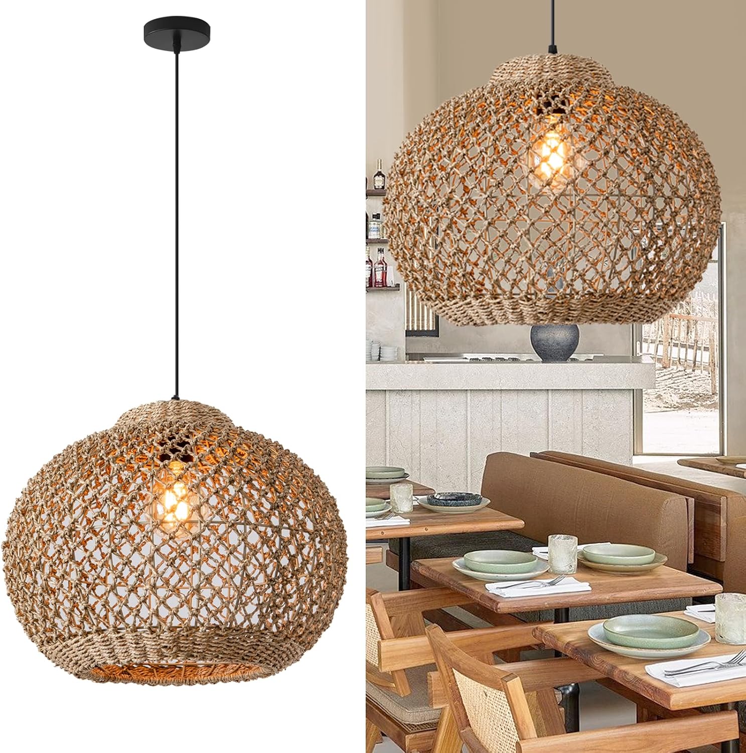 1-Light Coastal Woven Rattan Pendant Light