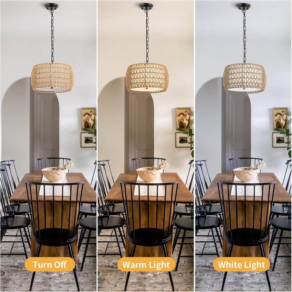 3-Light Drum Rattan Boho Pendant Light