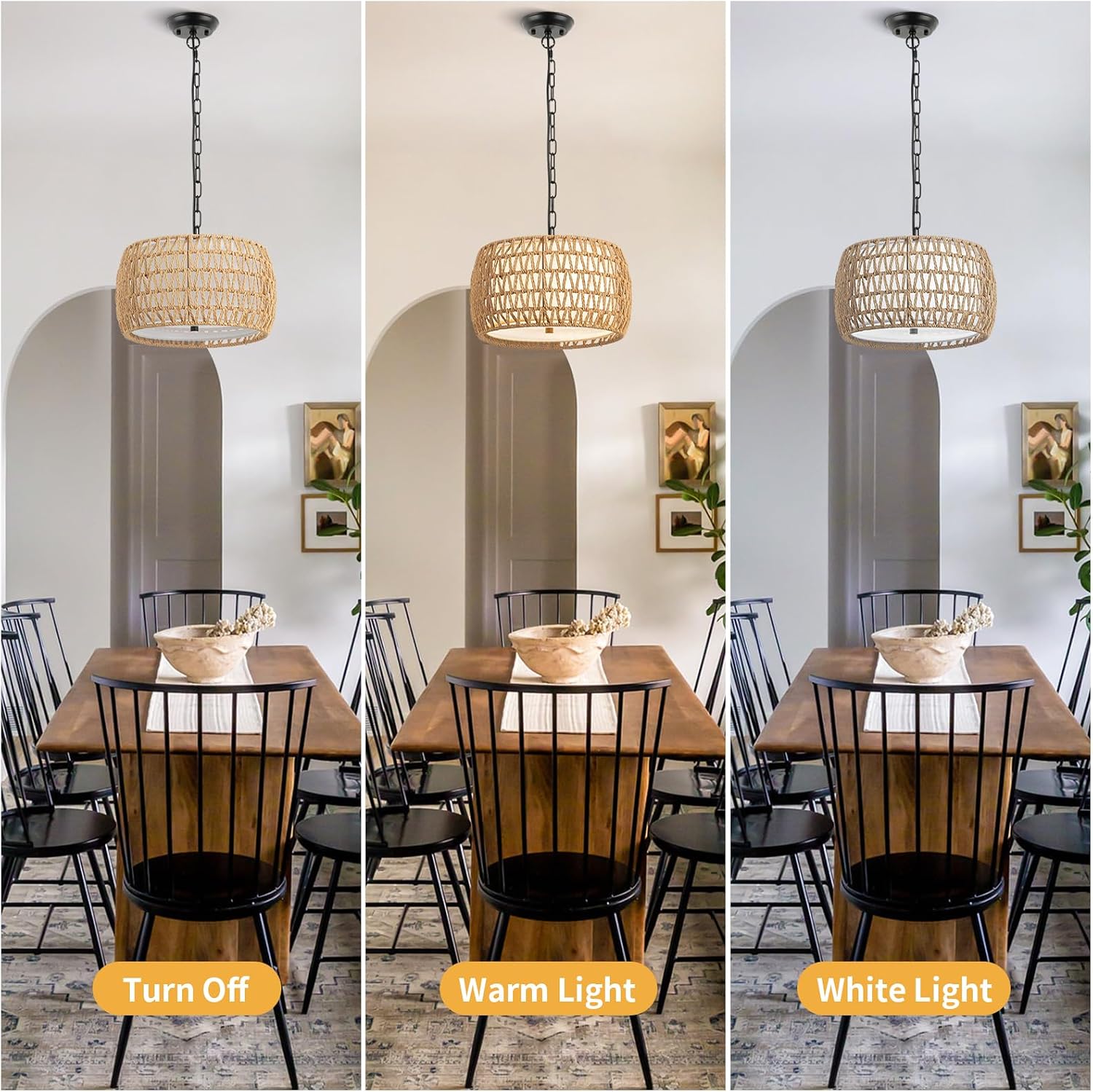 3-Light Drum Rattan Boho Pendant Light