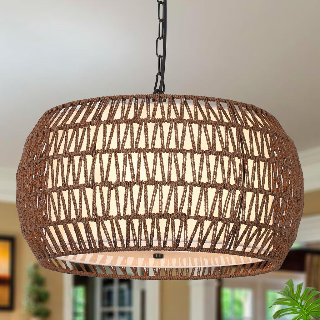 Dark Brown 5-Light Fabric Rattan Farmhouse Chandelier