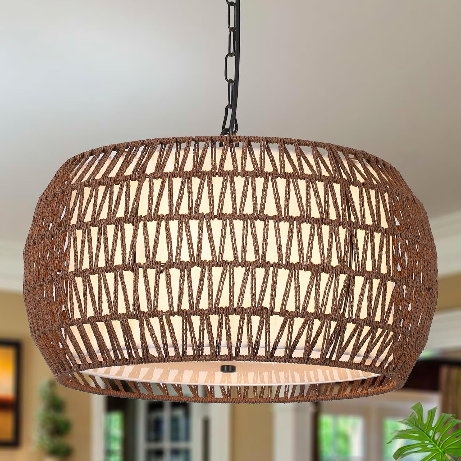 Dark Brown 5-Light Fabric Rattan Farmhouse Chandelier