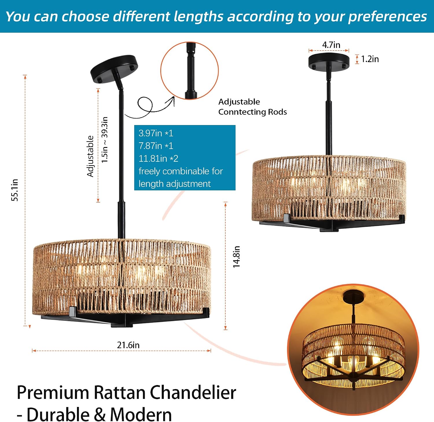 5-Light Natural Rattan Boho Farmhouse Chandelier