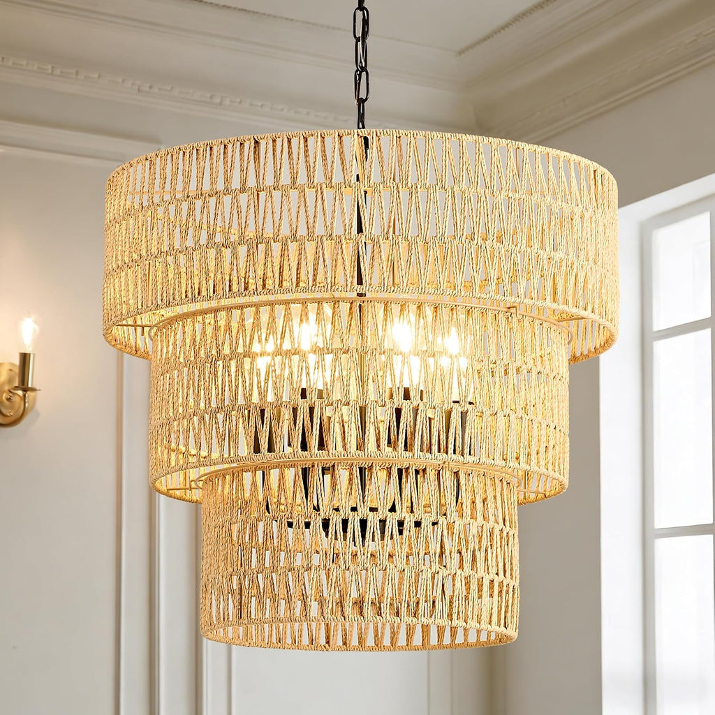 3-Tier Rattan Boho Farmhouse Chandelier