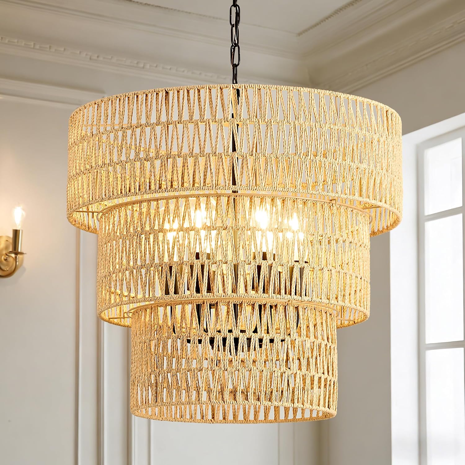 3-Tier Rattan Boho Farmhouse Chandelier