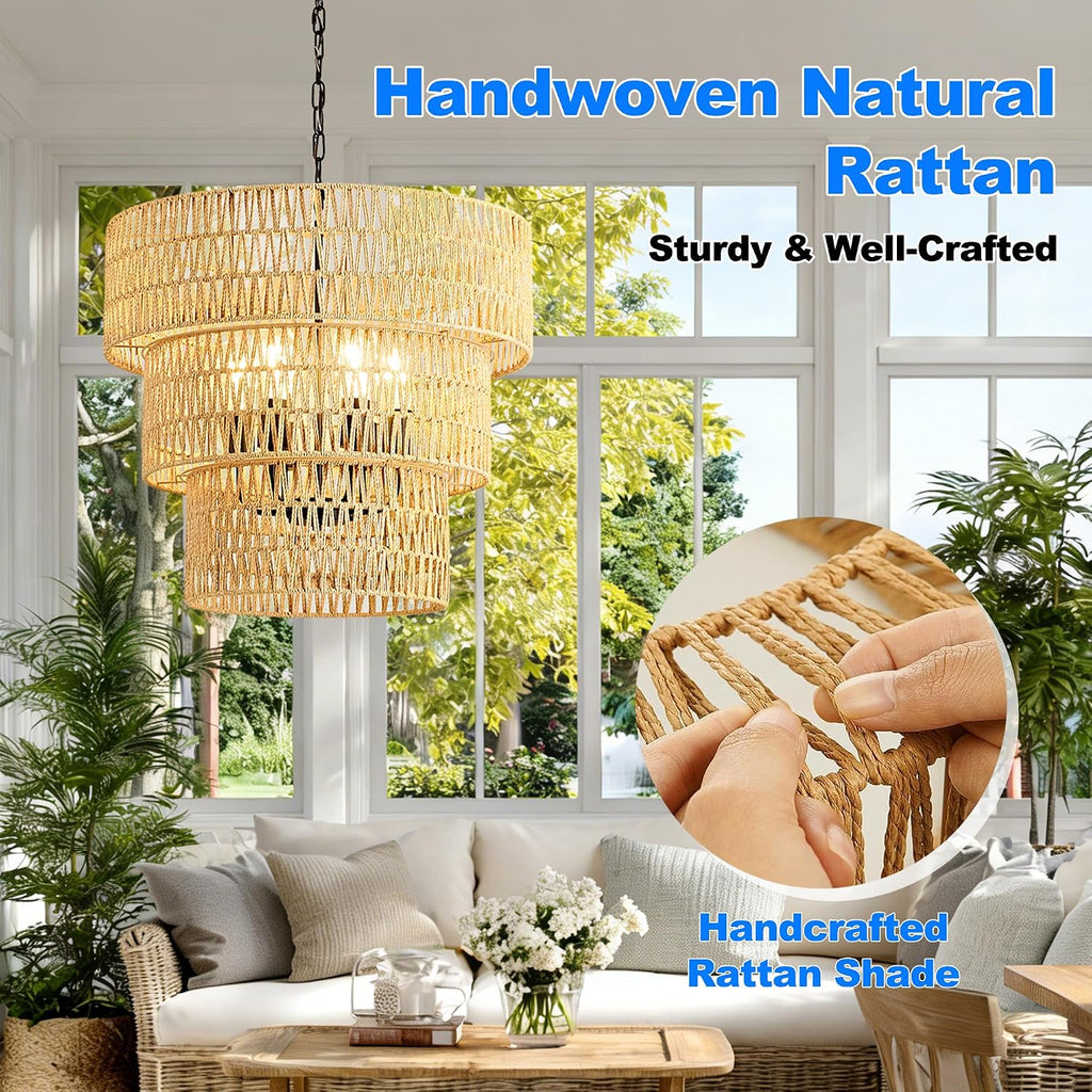 3-Tier Rattan Boho Farmhouse Chandelier